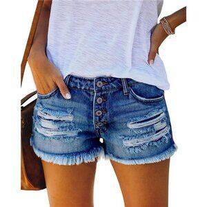 Women Mid Rise Ripped Stretchy Jeans Shorts Frayed Raw Hem Casual Denim Shorts